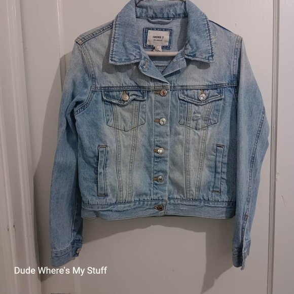 FOREVER 21 - LOS ANGELES - CROPPED JEAN JACKET - WOMEN'S SIZE S - DISTRESSED - Picture 1 of 4